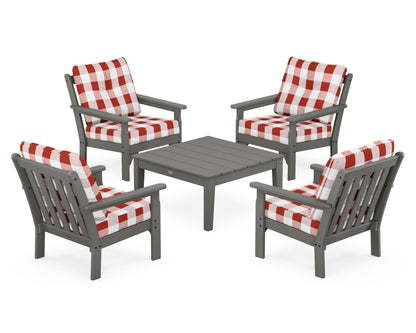 POLYWOOD® Vineyard 5-Piece Deep Seating Conversation Set in Slate Grey / Buffalo Plaid Crimson