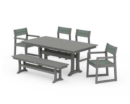 POLYWOOD® EDGE Sling 6-Piece Farmhouse Dining Set With Trestle Legs in Slate Grey / Dupioni Sea Mist Sling