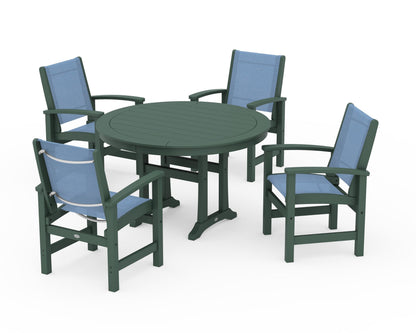 POLYWOOD® Coastal 5-Piece Round Dining Set with Trestle Legs in Green / Poolside Sling
