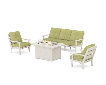 POLYWOOD® Lakeside Deep Seating Fire Pit Table Set in Sand / Chartreuse Boucle