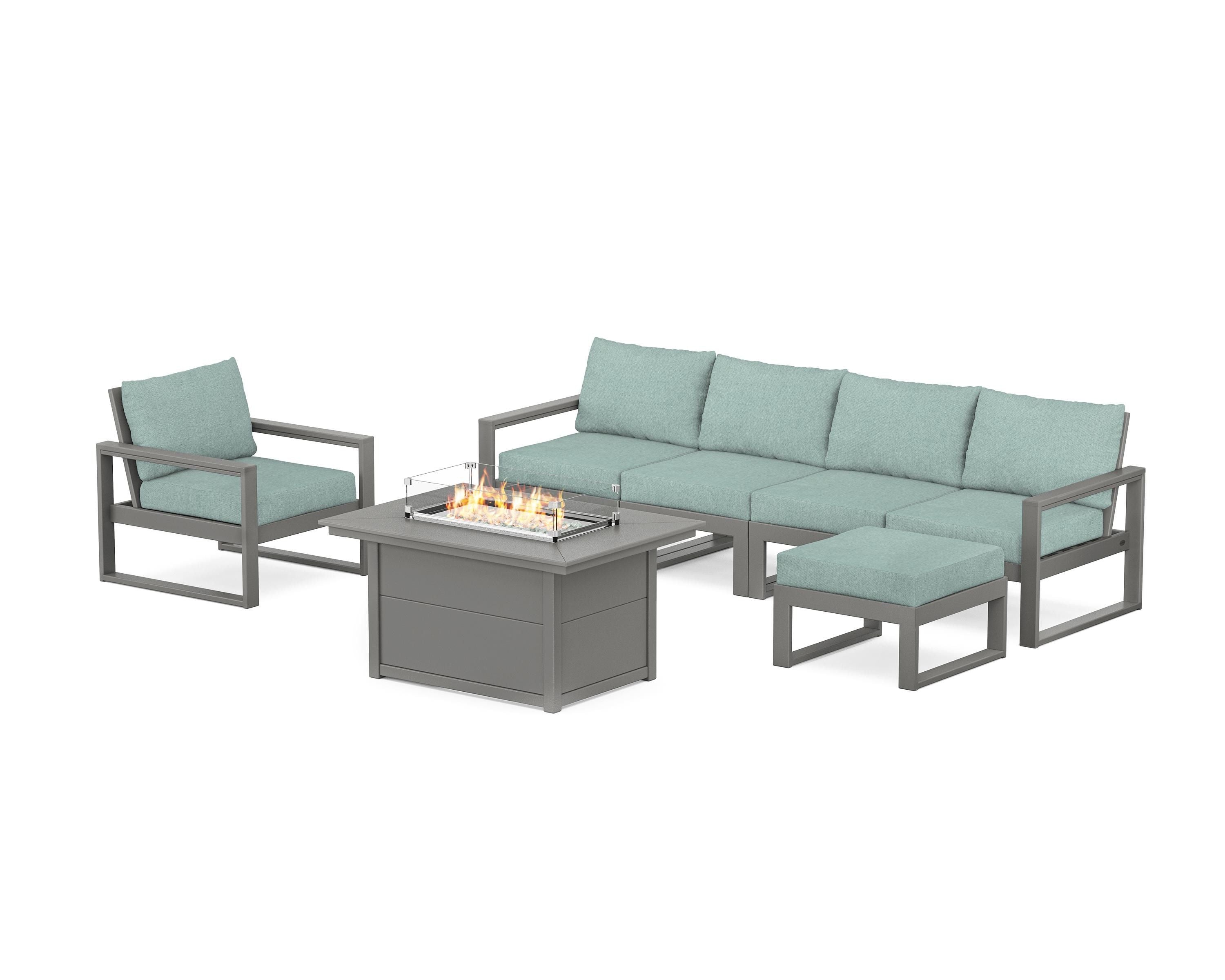 POLYWOOD® EDGE Sectional Lounge and Fire Pit Set in Slate Grey / Glacier Spa