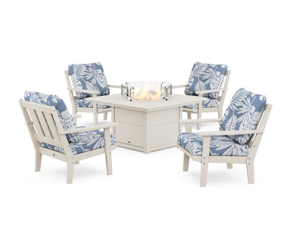 POLYWOOD® Oxford 5-Piece Deep Seating Set with Fire Pit Table in Sand / Leaf Sky Blue