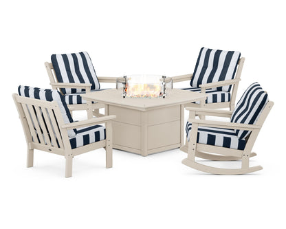 POLYWOOD® Vineyard 5-Piece Deep Seating Rocking Chair Conversation Set with Fire Pit Table in Sand / Cabana Stripe Marine Indigo