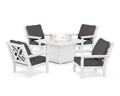 POLYWOOD® Chippendale 5-Piece Deep Seating Set with Fire Pit Table in White / Ash Charcoal