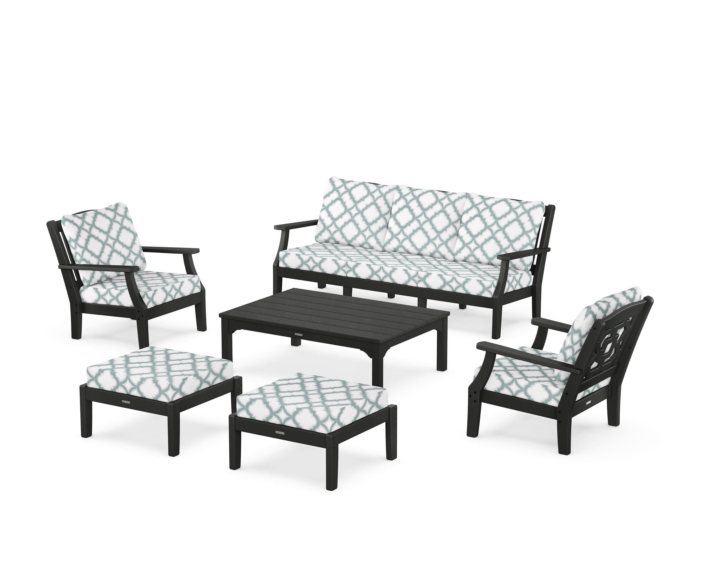 Martha Stewart by POLYWOOD® Chinoiserie 6-Piece Lounge Sofa Set in Black / Trellis Glacier Spa