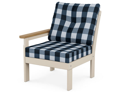 POLYWOOD® Vineyard Modular Left Arm Chair in Sand / Natural / Buffalo Plaid Marine Indigo