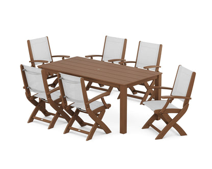 POLYWOOD® Coastal Folding Chair 7-Piece Parsons Dining Set in Teak / White Sling