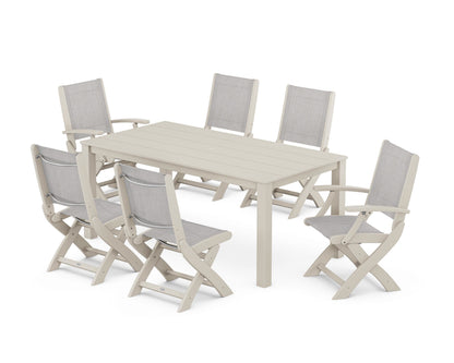POLYWOOD® Coastal Folding Chair 7-Piece Parsons Dining Set in Sand / Parchment Sling