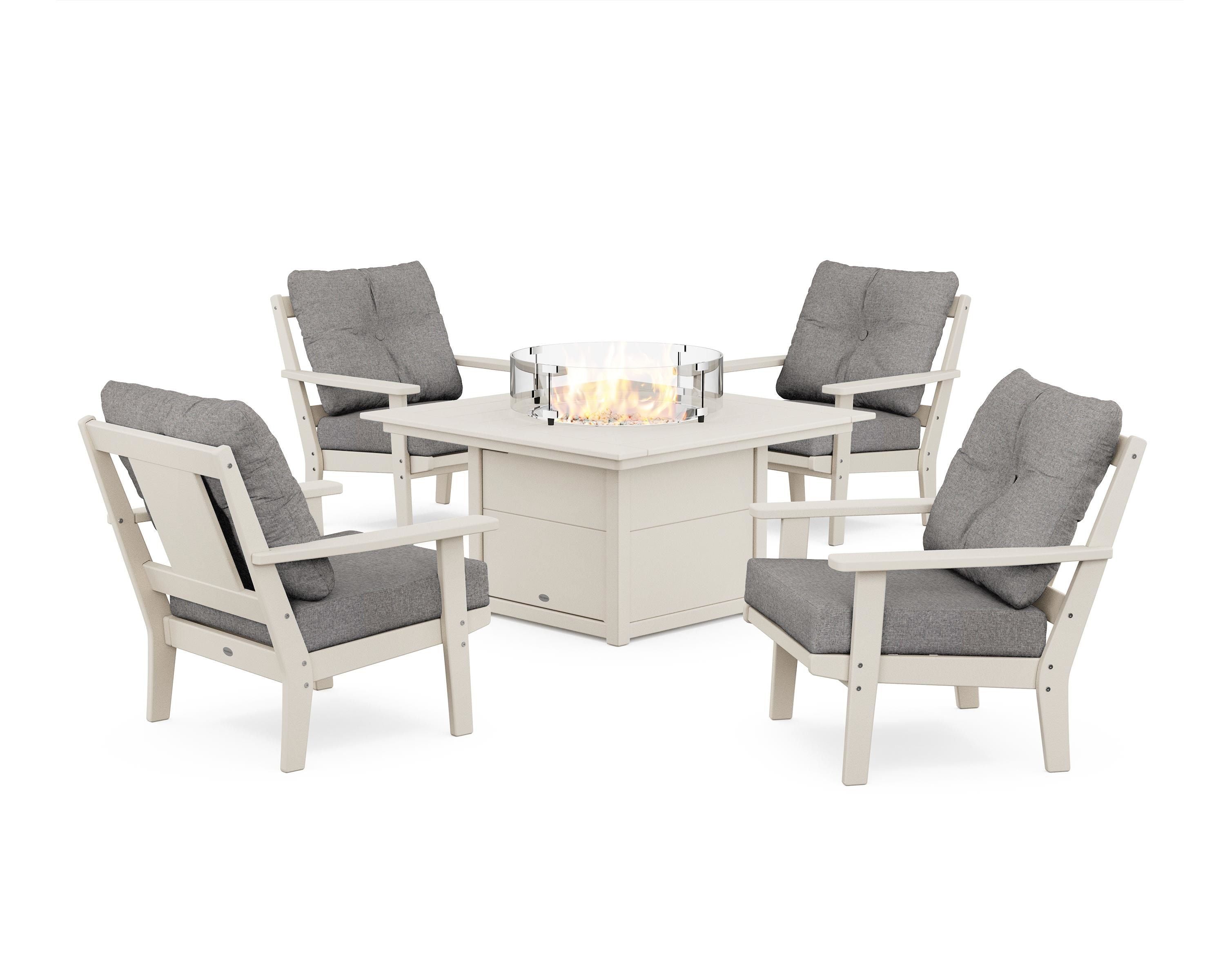 POLYWOOD® Prairie 5-Piece Deep Seating Set with Fire Pit Table in Sand / Grey Mist