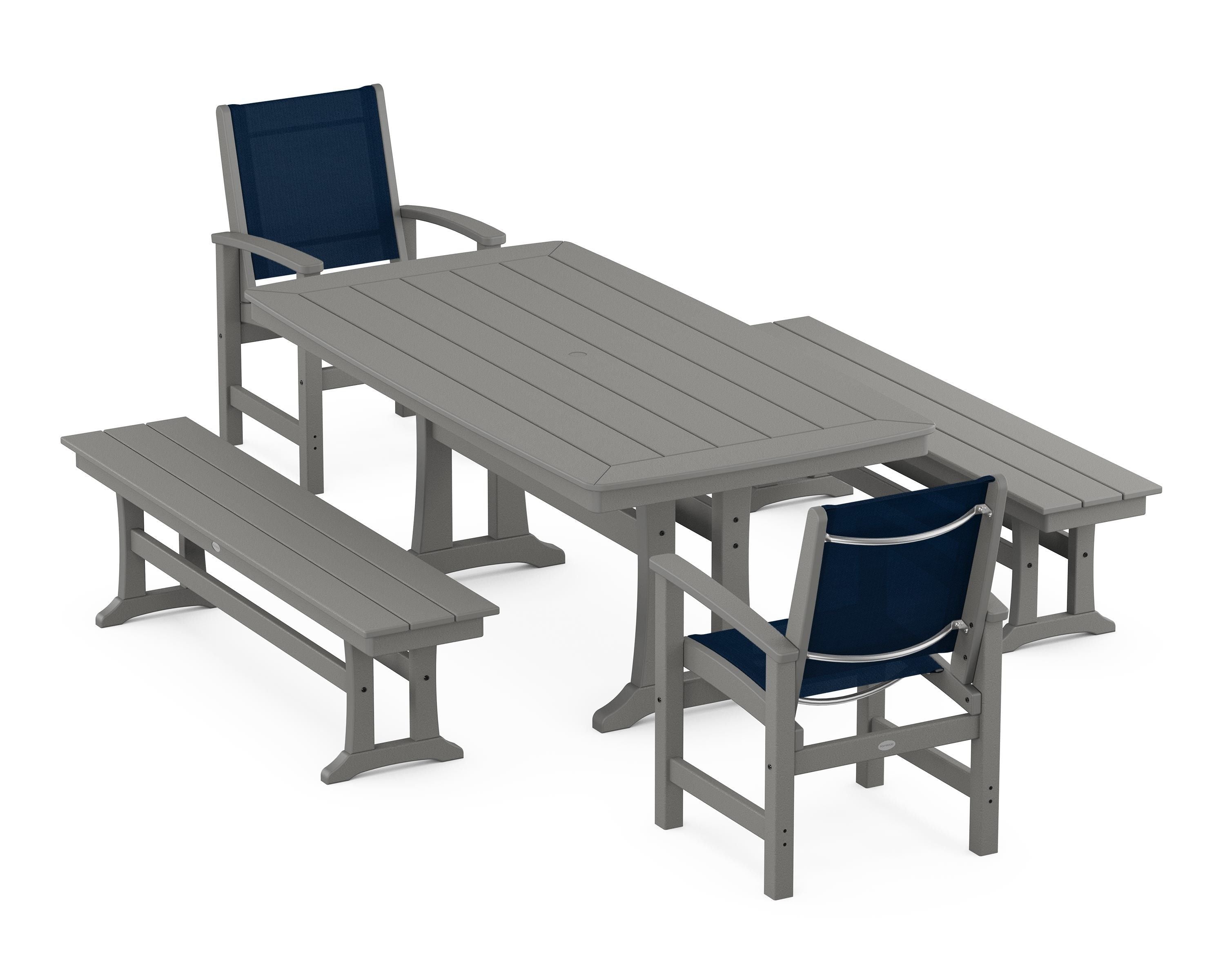 POLYWOOD® Coastal 5-Piece Dining Set with Trestle Legs and Benches in Slate Grey / Navy Blue Sling