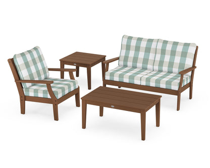 POLYWOOD® Braxton 4-Piece Deep Seating Set in Teak / Buffalo Plaid Glacier Spa