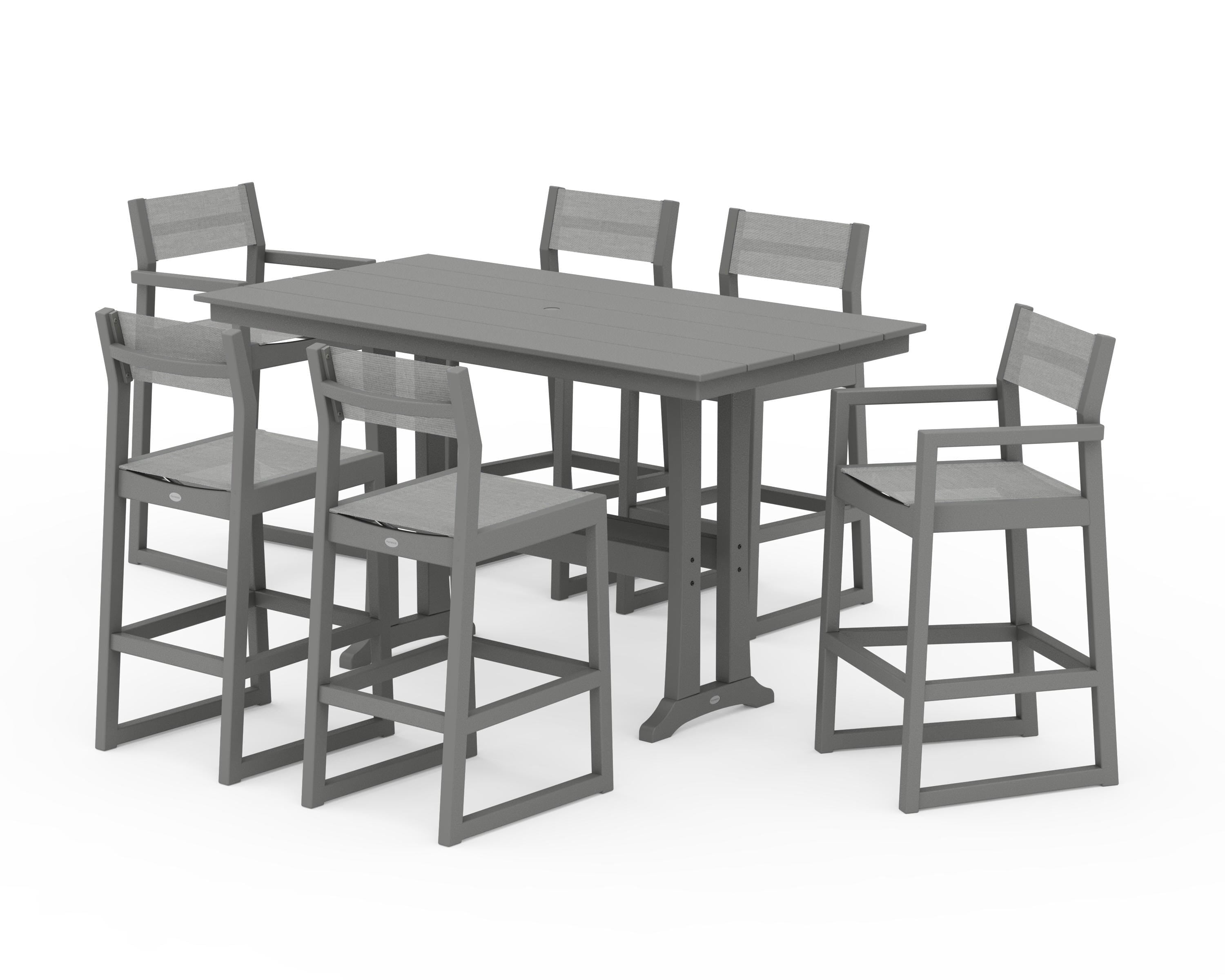POLYWOOD® EDGE Sling 7-Piece Farmhouse Bar Set with Trestle Legs in Slate Grey / Metallic Sling