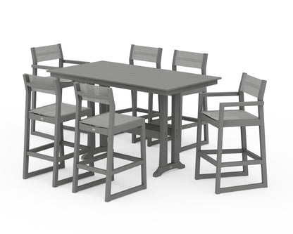 POLYWOOD® EDGE Sling 7-Piece Farmhouse Bar Set with Trestle Legs in Slate Grey / Metallic Sling