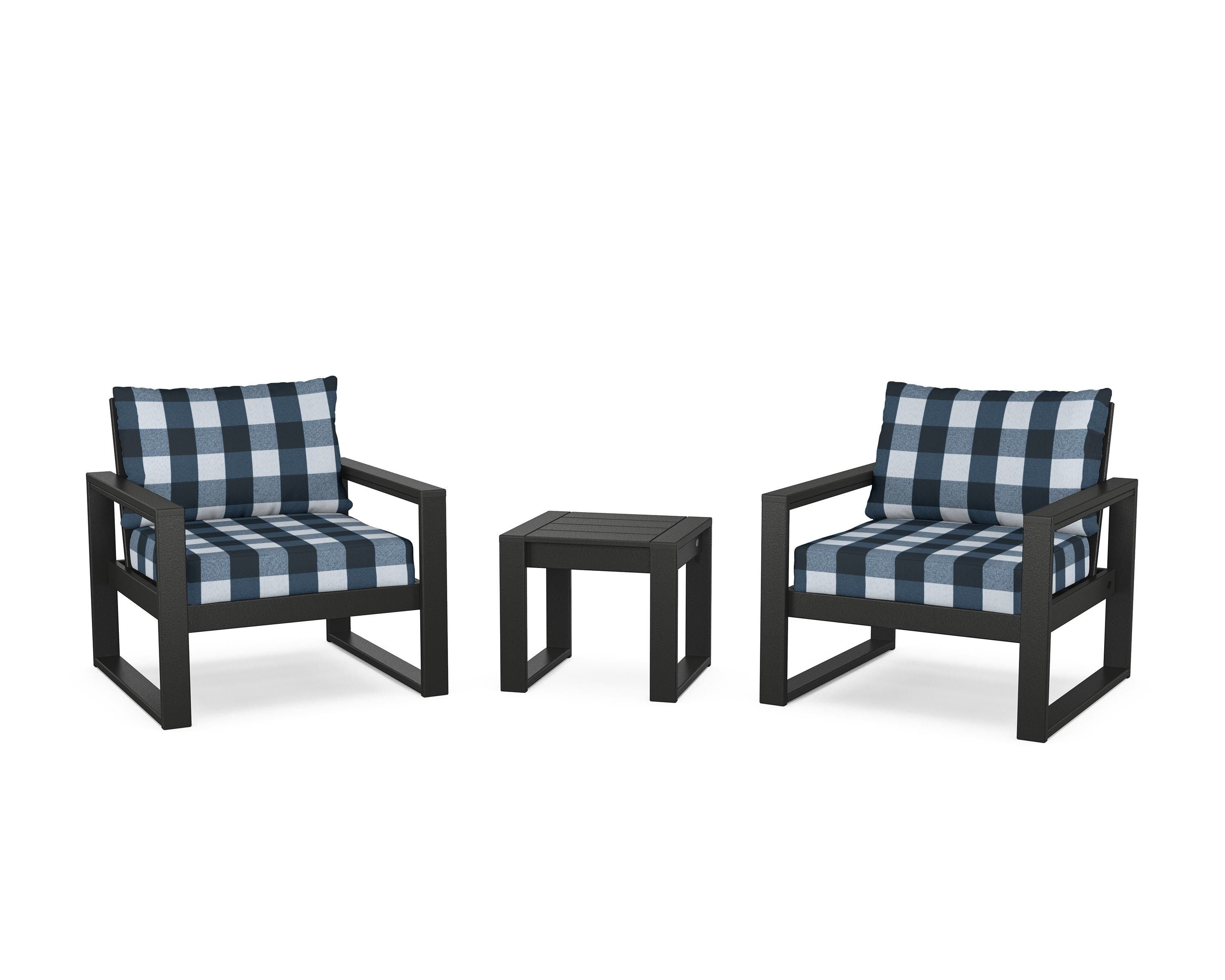 POLYWOOD® EDGE Sectional 3-Piece Deep Seating Set in Black / Buffalo Plaid Marine Indigo