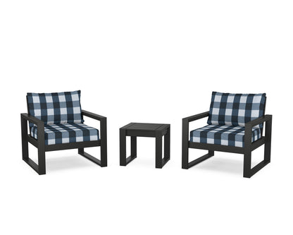 POLYWOOD® EDGE Sectional 3-Piece Deep Seating Set in Black / Buffalo Plaid Marine Indigo