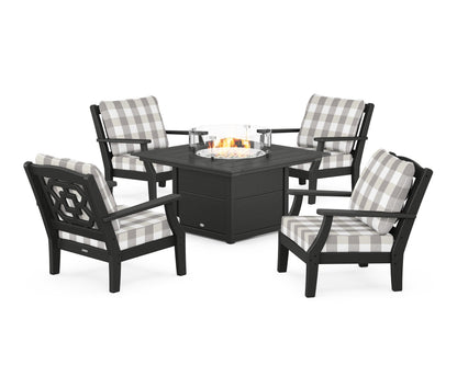 Martha Stewart by POLYWOOD® Chinoiserie 5-Piece Deep Seating Set with Fire Pit Table in Black / Buffalo Plaid Grey Mist