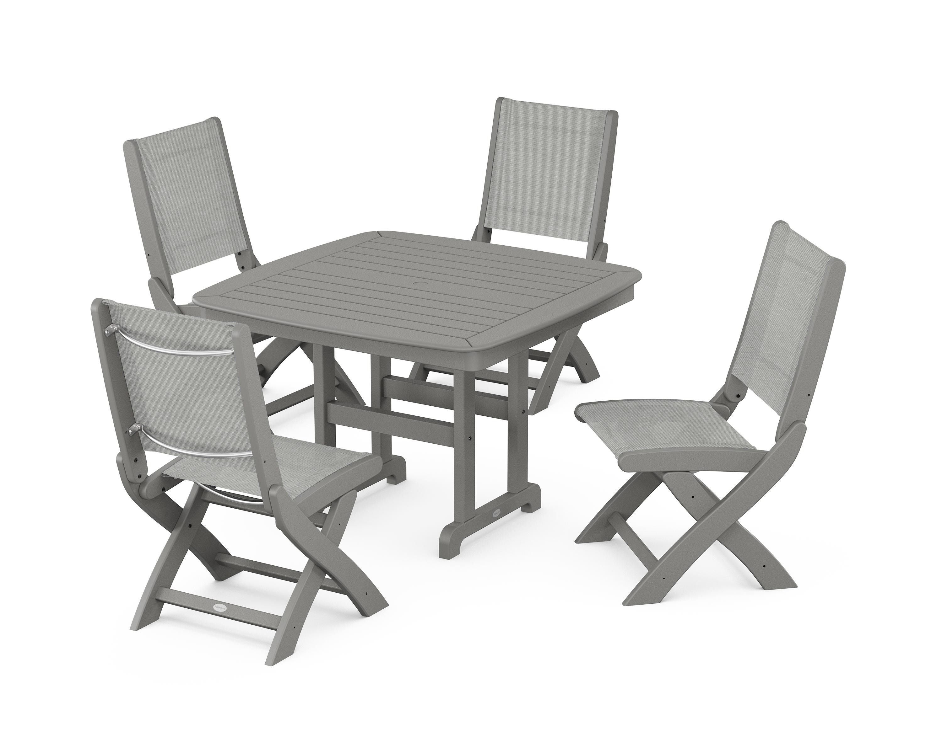 POLYWOOD® Coastal Folding Side Chair 5-Piece Dining Set in Slate Grey / Metallic Sling
