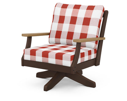 POLYWOOD® Braxton Deep Seating Swivel Chair in Mahogany / Natural / Buffalo Plaid Crimson