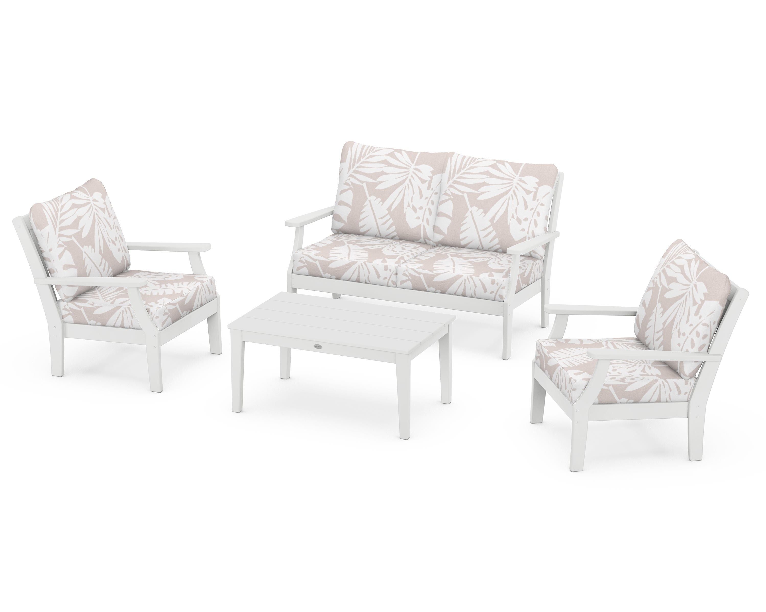 POLYWOOD® Braxton 4-Piece Deep Seating Chair Set in White / Leaf Dune Burlap