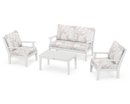POLYWOOD® Braxton 4-Piece Deep Seating Chair Set in White / Leaf Dune Burlap