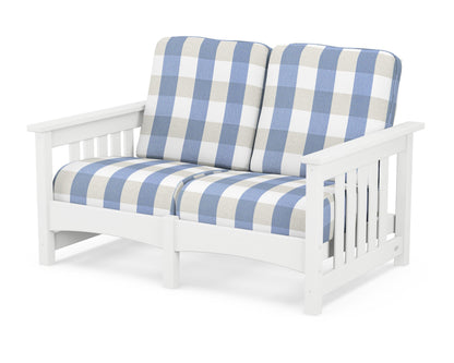 POLYWOOD® Club Mission Loveseat in White / Buffalo Plaid Sky Blue