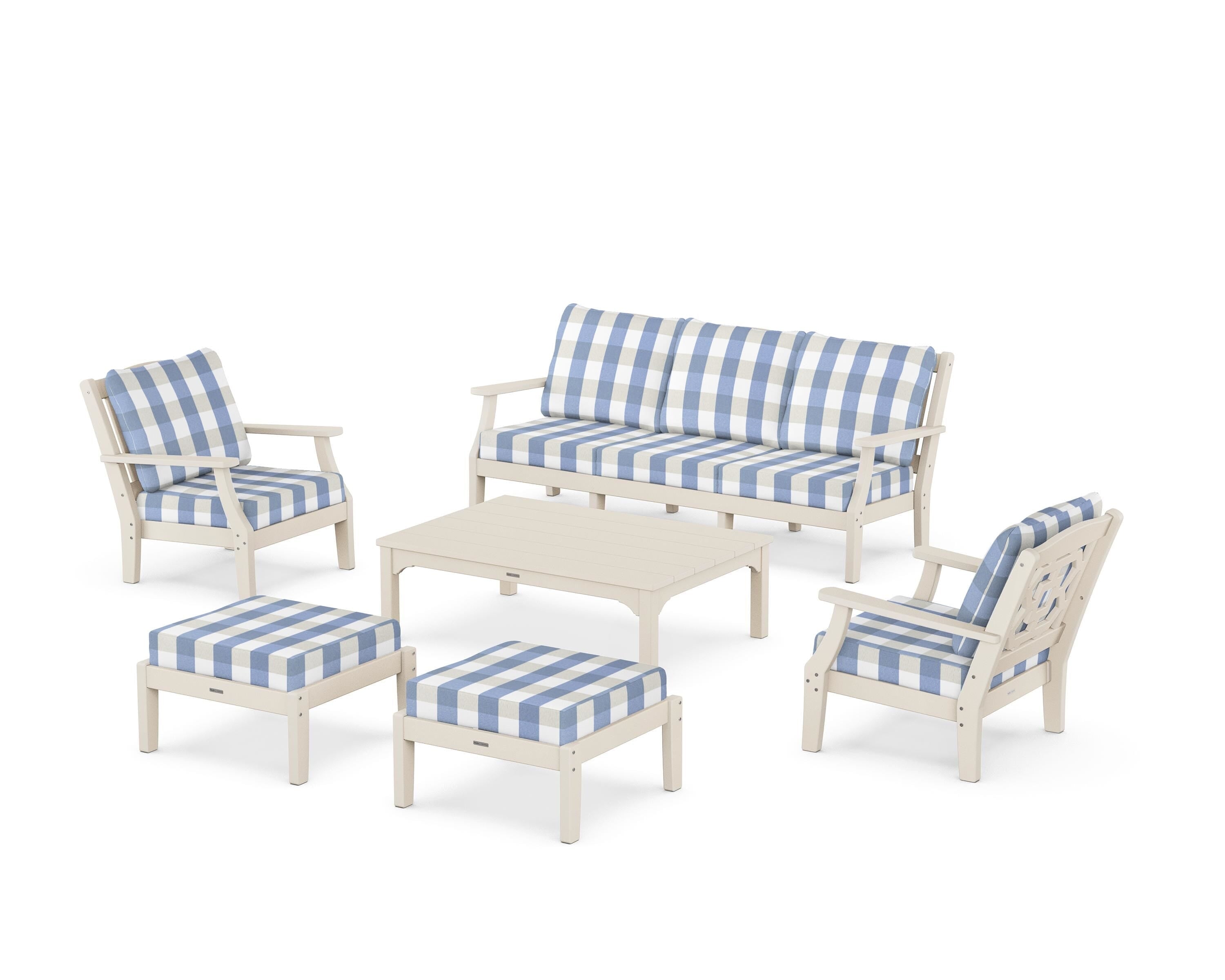 Martha Stewart by POLYWOOD® Chinoiserie 6-Piece Lounge Sofa Set in Sand / Buffalo Plaid Sky Blue