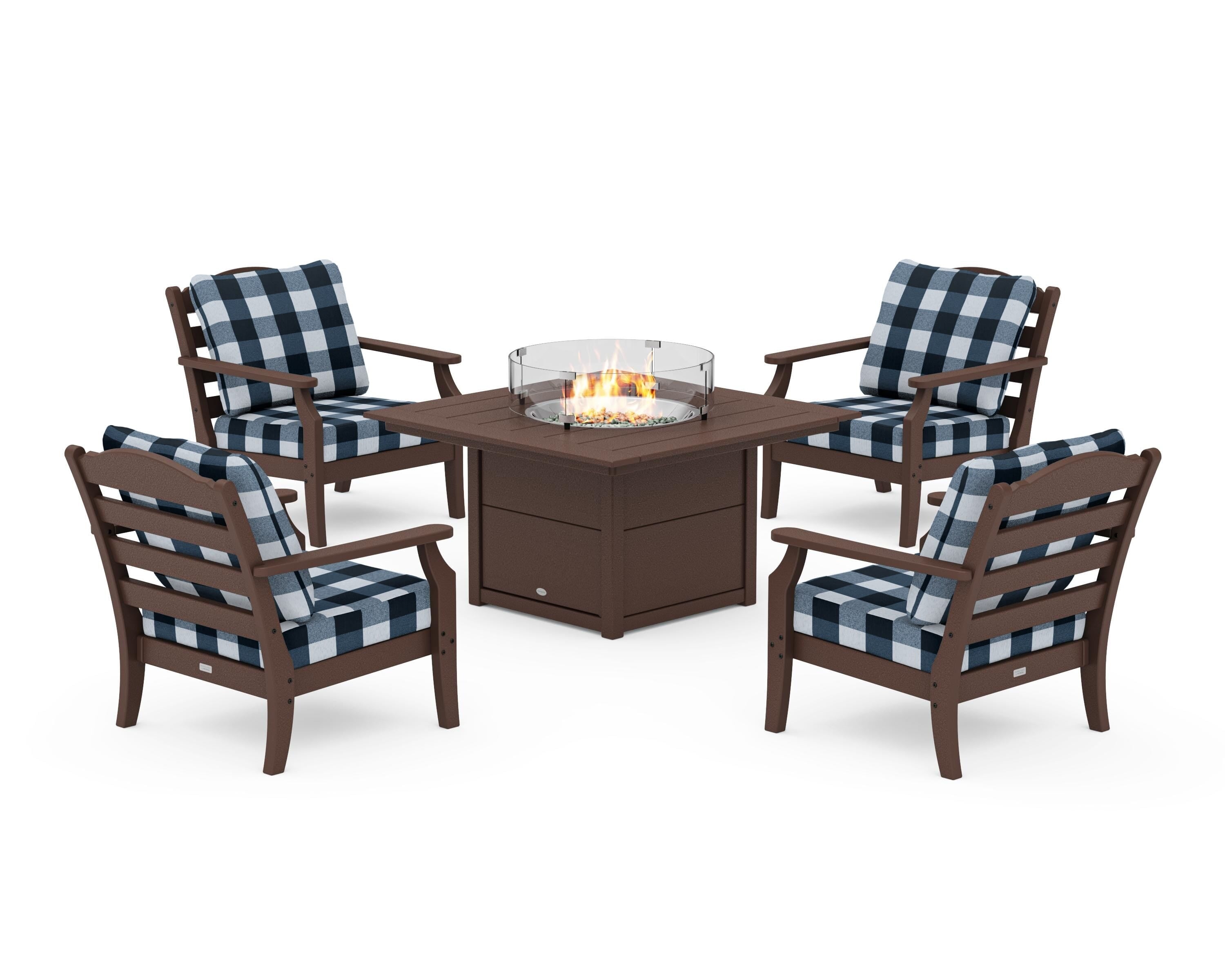 Draper James™ by  POLYWOOD® Savannah 5-Piece Deep Seating Set with Fire Pit Table in Mahogany / Buffalo Plaid Marine Indigo