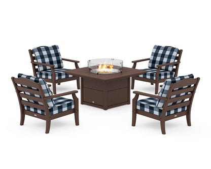 Draper James™ by  POLYWOOD® Savannah 5-Piece Deep Seating Set with Fire Pit Table in Mahogany / Buffalo Plaid Marine Indigo