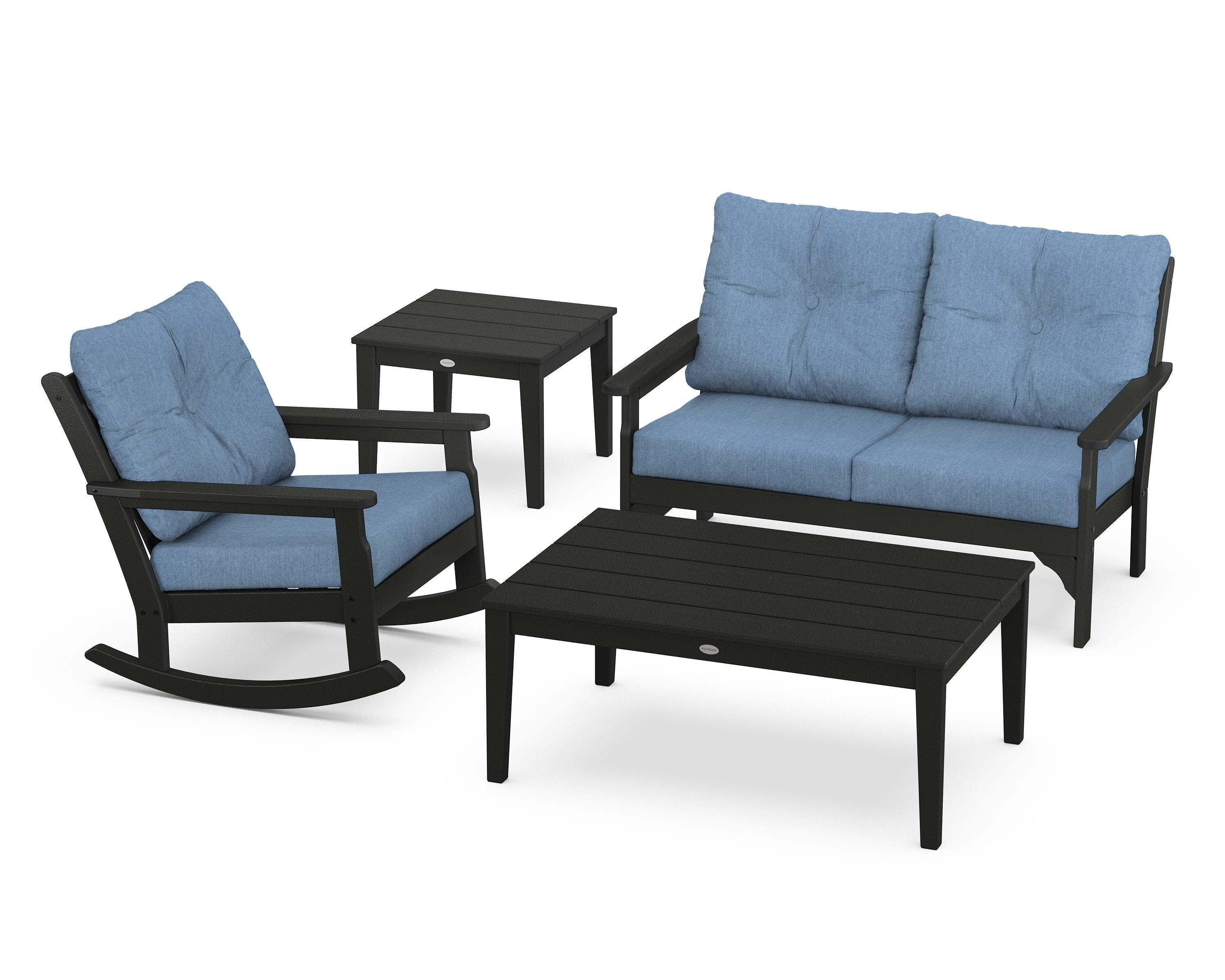 POLYWOOD® Vineyard 4-Piece Deep Seating Rocker Set in Black / Sky Blue