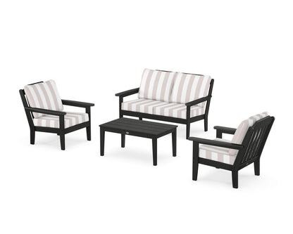 Country Living Cottage 4-Piece Deep Seating Set with Loveseat in Black / Cabana Stripe Dune Burlap