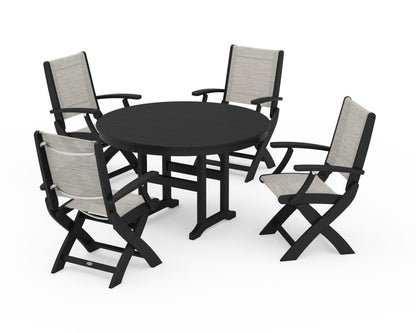 POLYWOOD® Coastal Folding Chair 5-Piece Round Dining Set in Black / Birch Sling