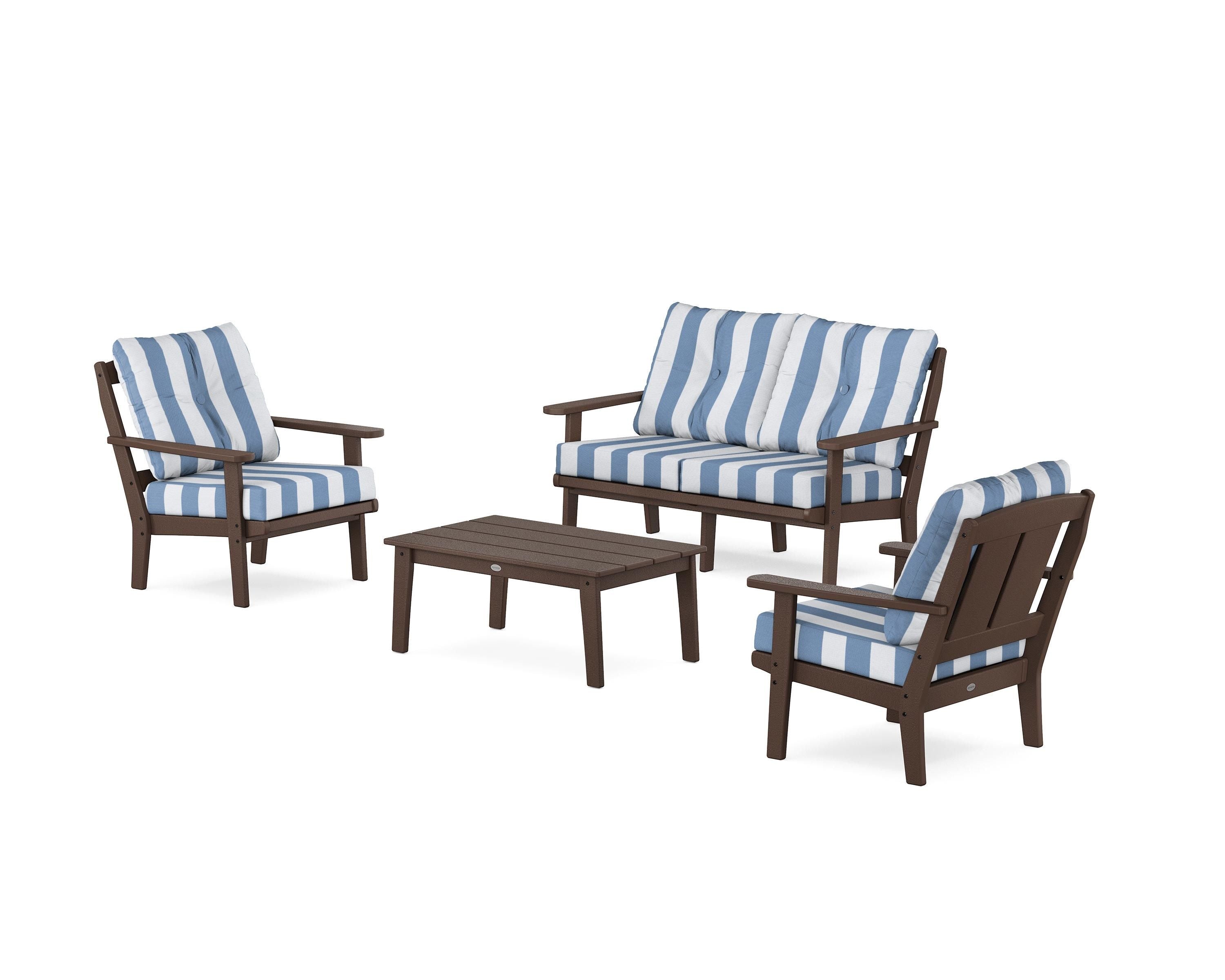 POLYWOOD® Mission 4-Piece Deep Seating Set with Loveseat in Mahogany / Cabana Stripe Sky Blue