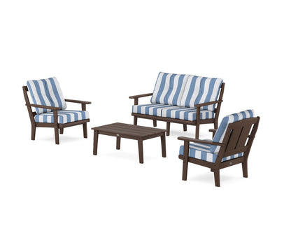 POLYWOOD® Mission 4-Piece Deep Seating Set with Loveseat in Mahogany / Cabana Stripe Sky Blue