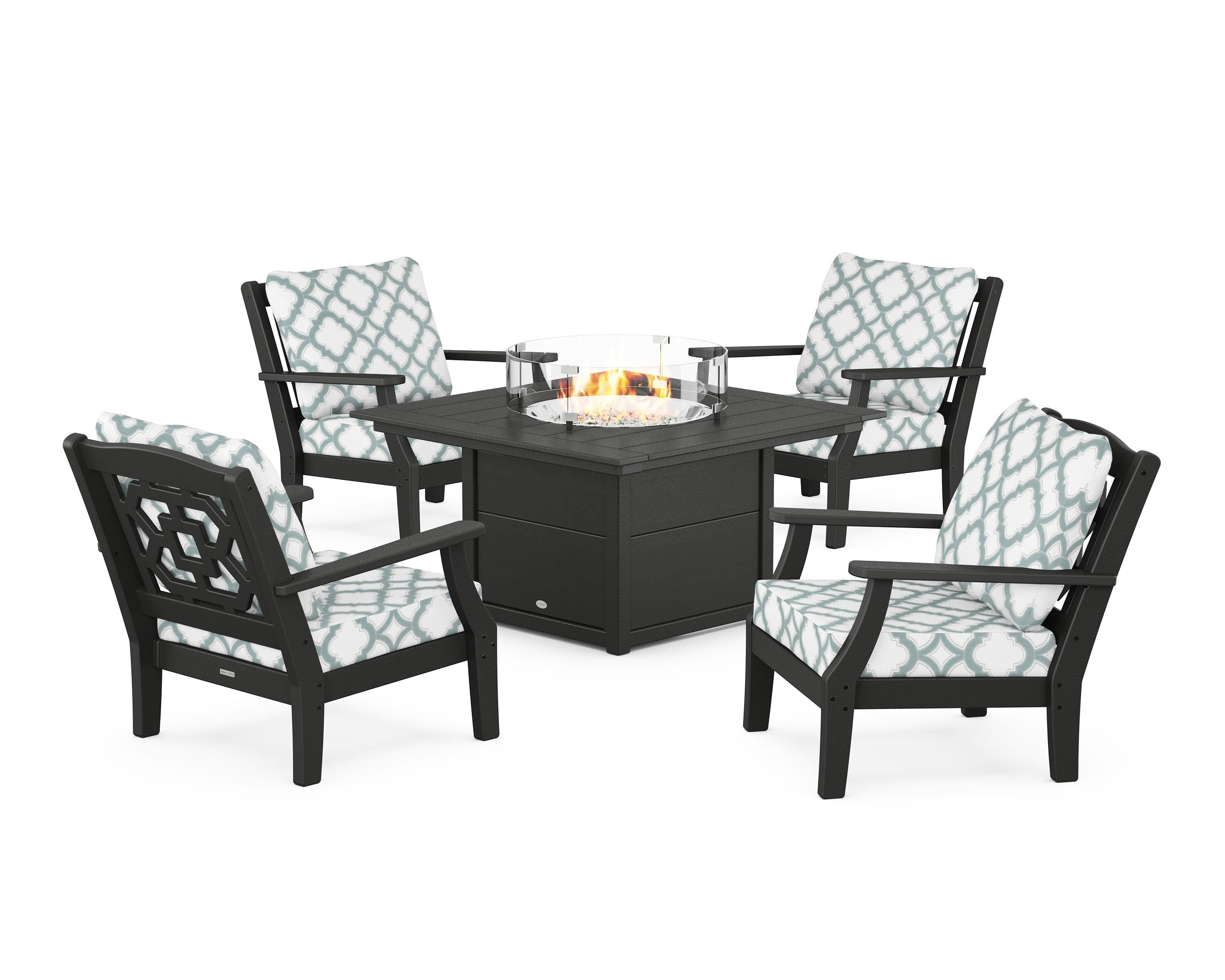 Martha Stewart by POLYWOOD® Chinoiserie 5-Piece Deep Seating Set with Fire Pit Table in Black / Trellis Glacier Spa