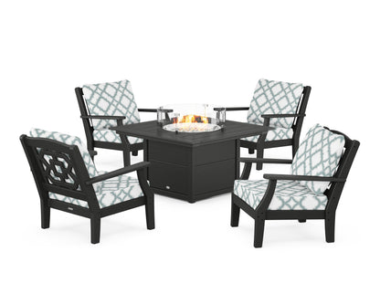 Martha Stewart by POLYWOOD® Chinoiserie 5-Piece Deep Seating Set with Fire Pit Table in Black / Trellis Glacier Spa