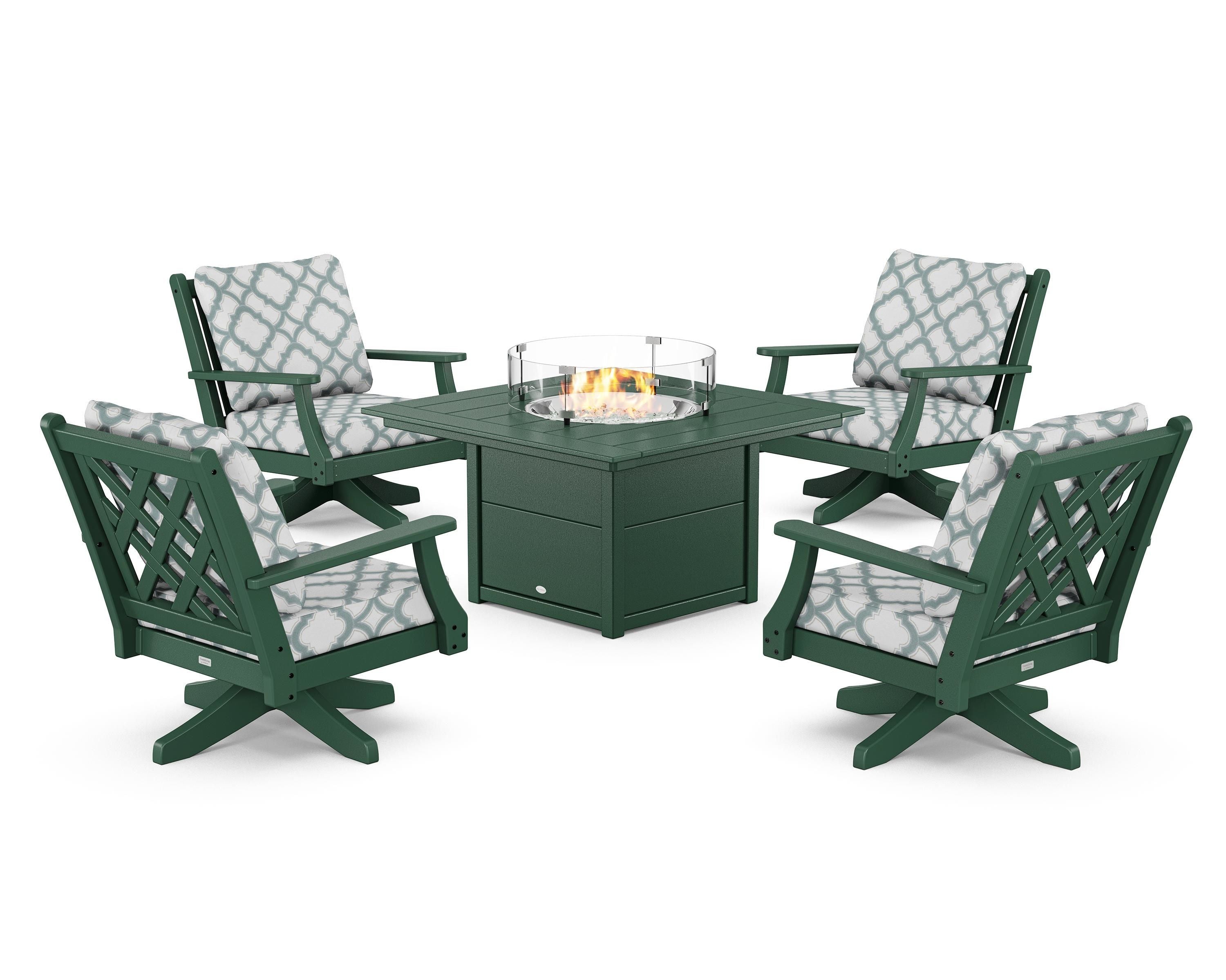 Country Living Wovendale 5-Piece Deep Seating Swivel Conversation Set with Fire Pit Table in Green / Trellis Glacier Spa