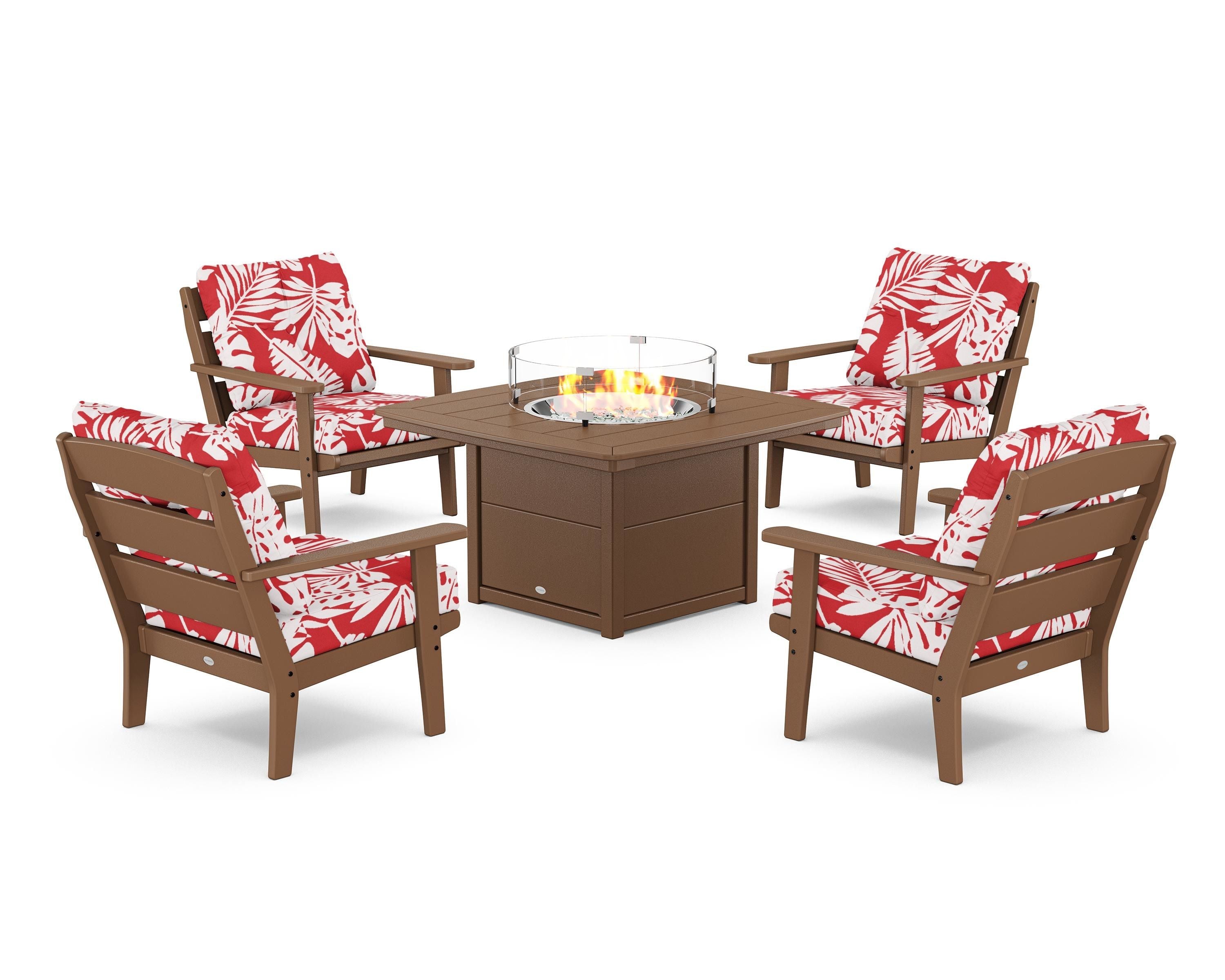 POLYWOOD® Lakeside 5-Piece Deep Seating Set with Nautical Fire Pit Table in Teak / Leaf Crimson