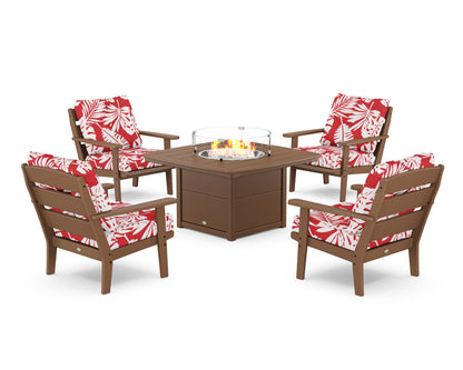POLYWOOD® Lakeside 5-Piece Deep Seating Set with Nautical Fire Pit Table in Teak / Leaf Crimson