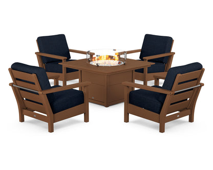 POLYWOOD® Harbour 5-Piece Conversation Set with Fire Pit Table in Teak / Marine Indigo