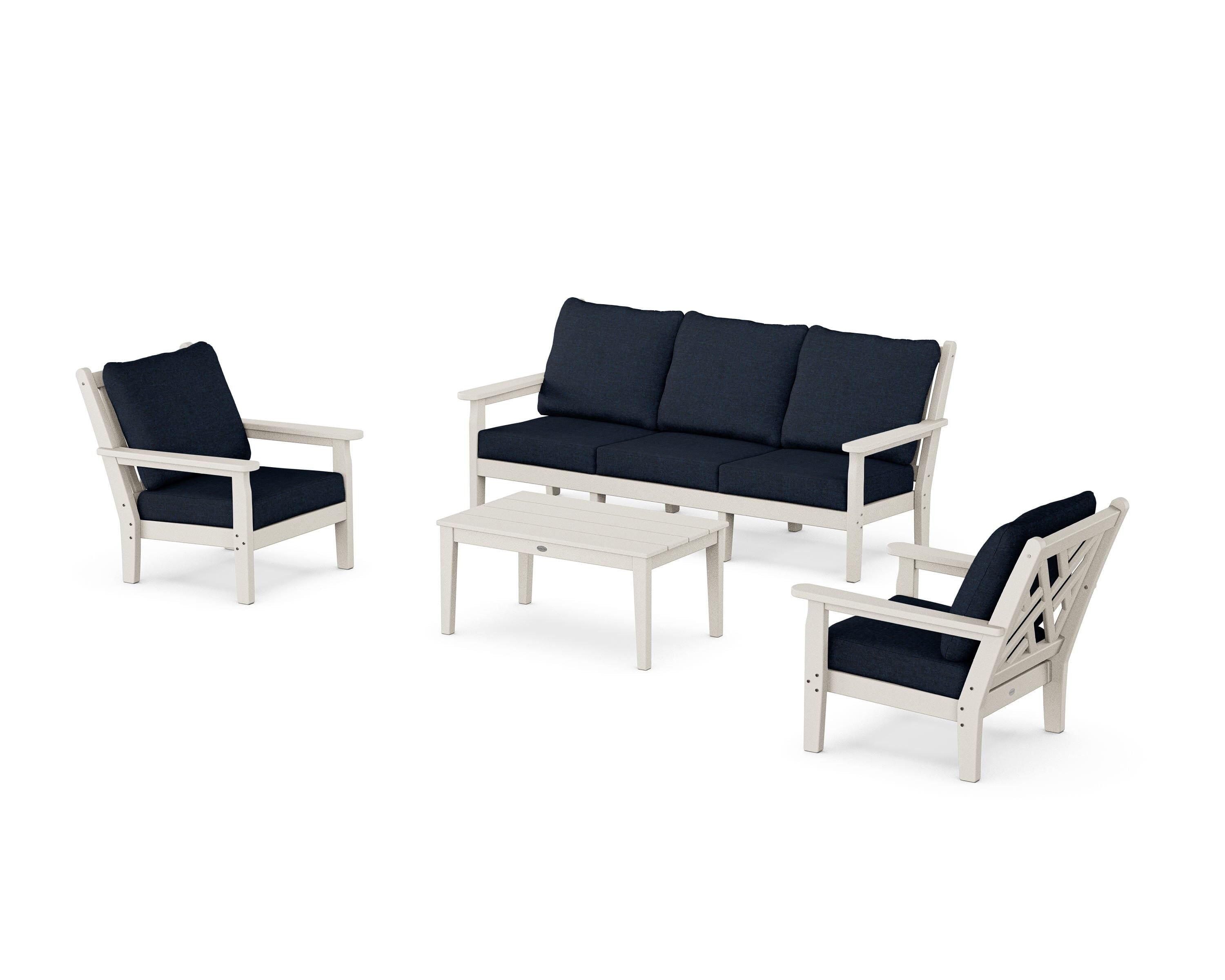 POLYWOOD® Chippendale 4-Piece Deep Seating Set with Sofa in Sand / Marine Indigo