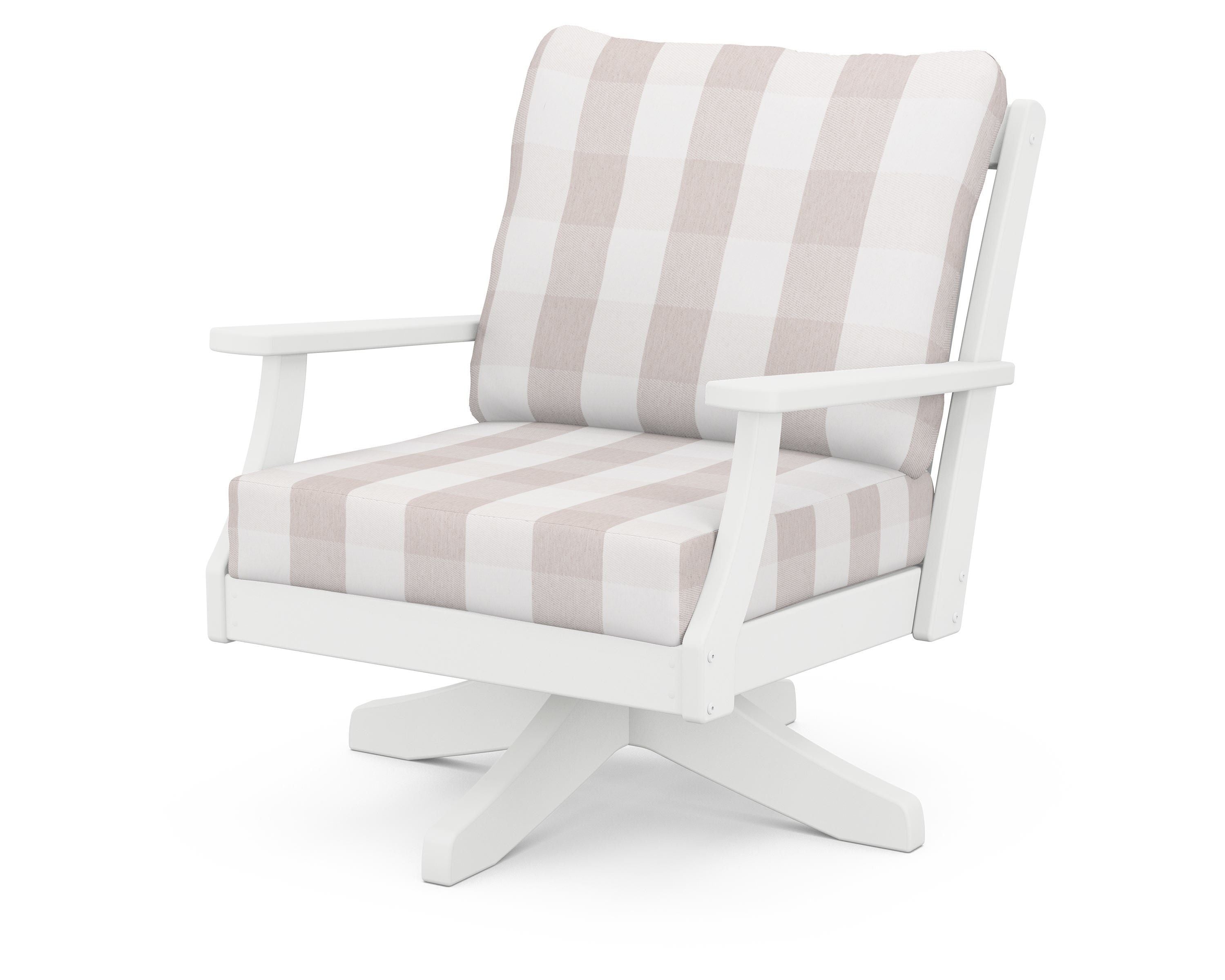 POLYWOOD® Braxton Deep Seating Swivel Chair in White / Buffalo Plaid Dune Burlap