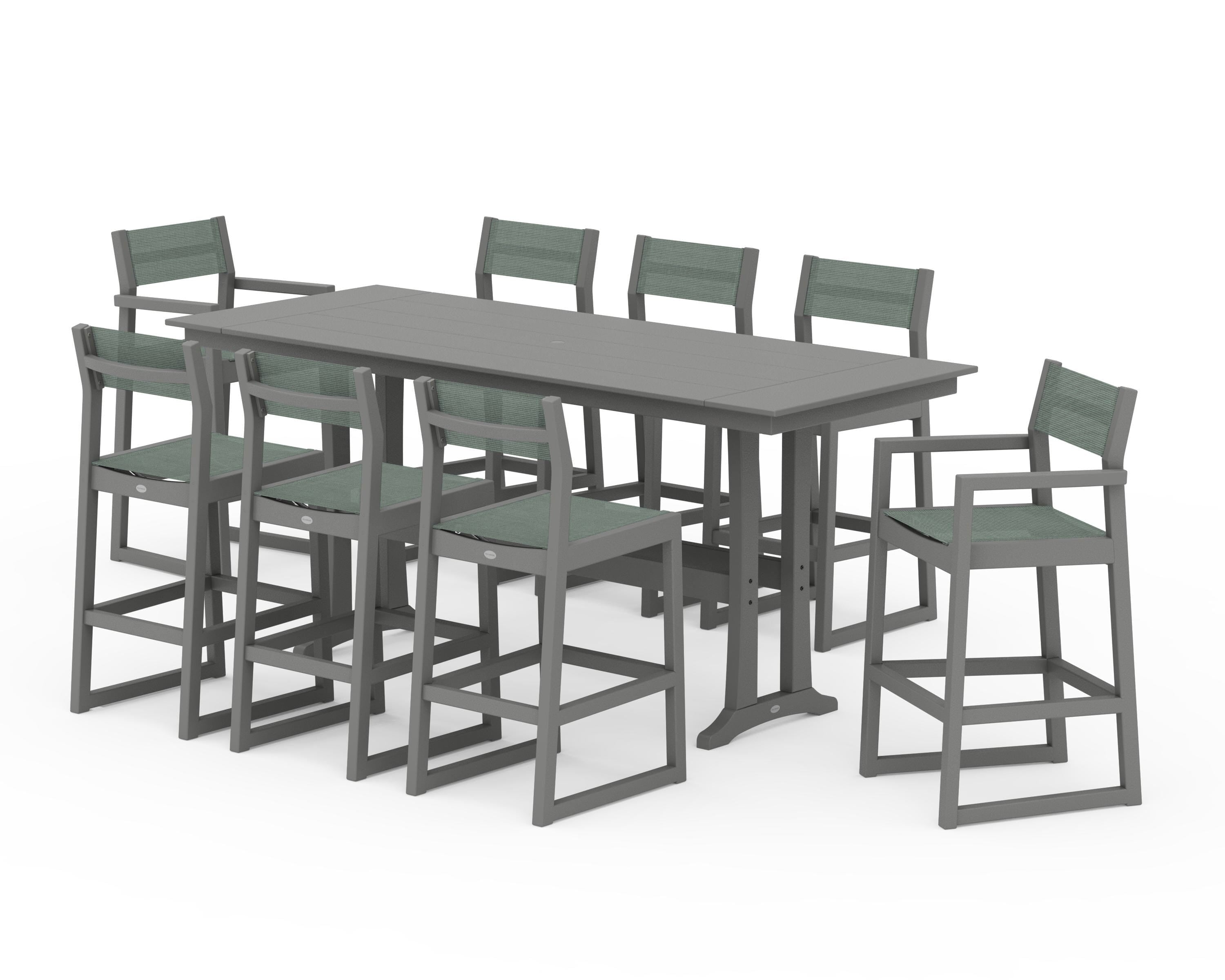 POLYWOOD® EDGE Sling 9-Piece Farmhouse Bar Set with Trestle Legs in Slate Grey / Dupioni Sea Mist Sling