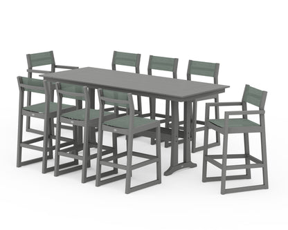POLYWOOD® EDGE Sling 9-Piece Farmhouse Bar Set with Trestle Legs in Slate Grey / Dupioni Sea Mist Sling