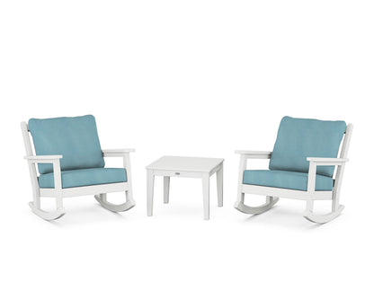 POLYWOOD® Chippendale 3-Piece Deep Seating Rocker Set in White / Lattice Sky Blue
