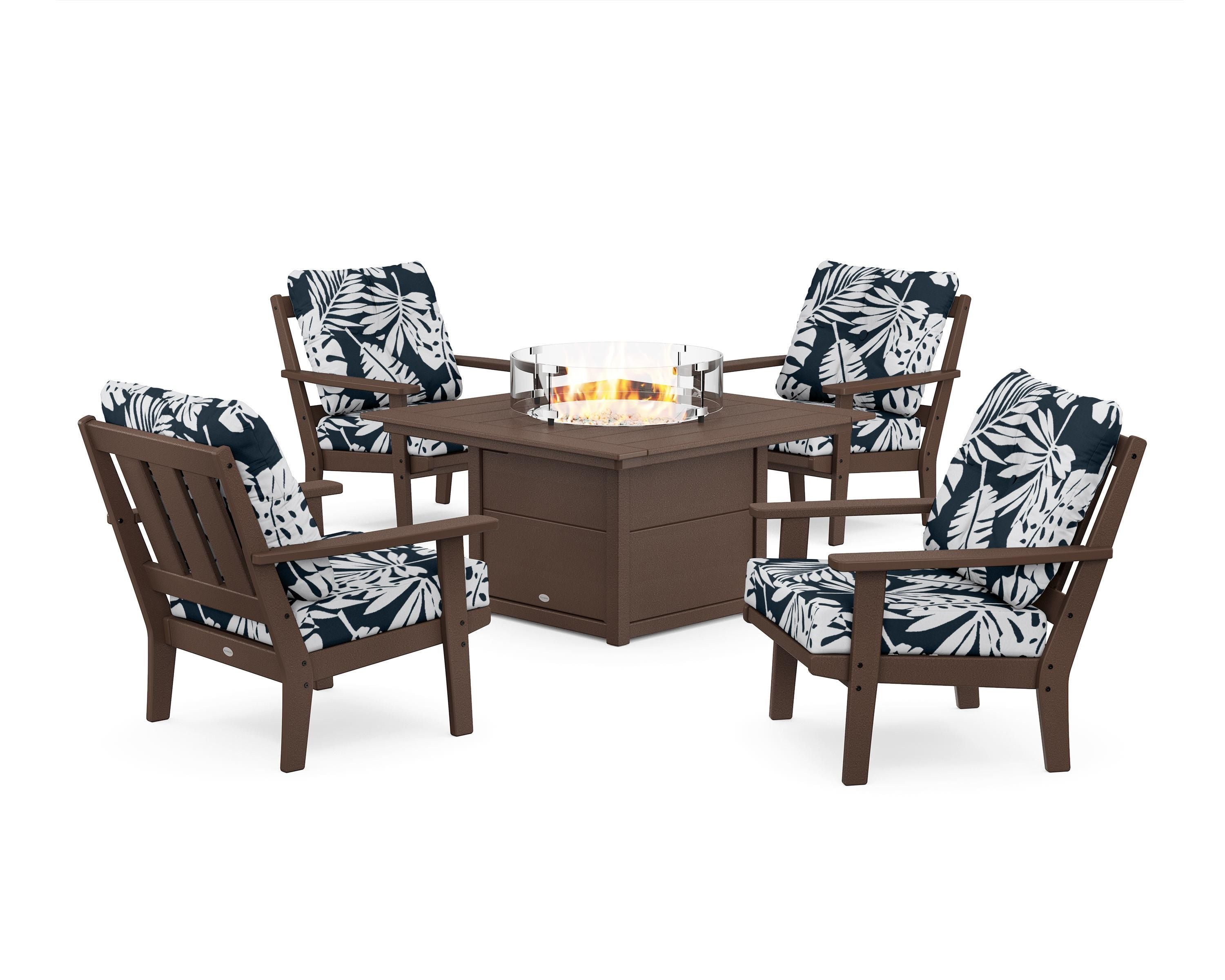 POLYWOOD® Oxford 5-Piece Deep Seating Set with Fire Pit Table in Mahogany / Leaf Marine Indigo