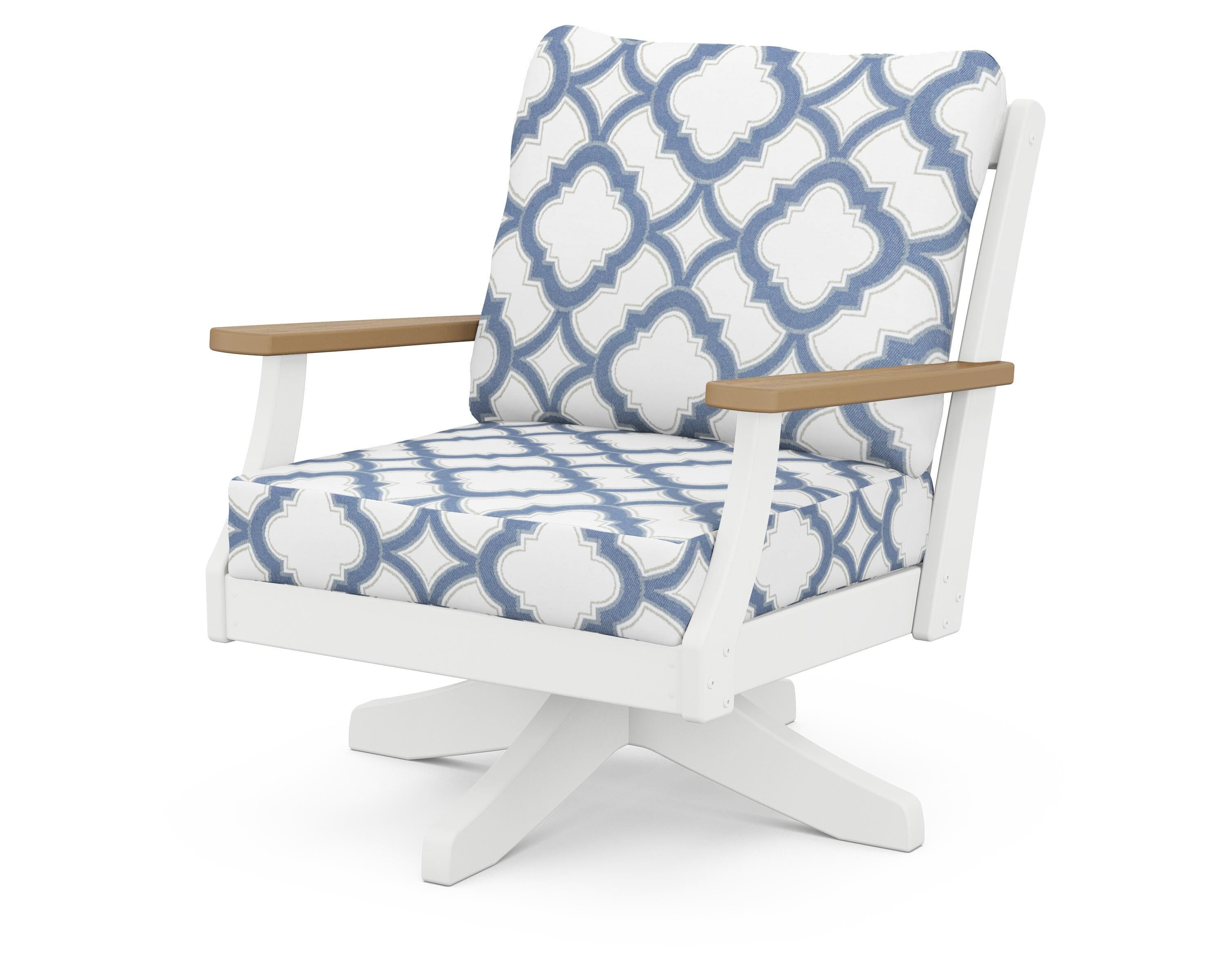 POLYWOOD® Braxton Deep Seating Swivel Chair in White / Natural / Trellis Sky Blue