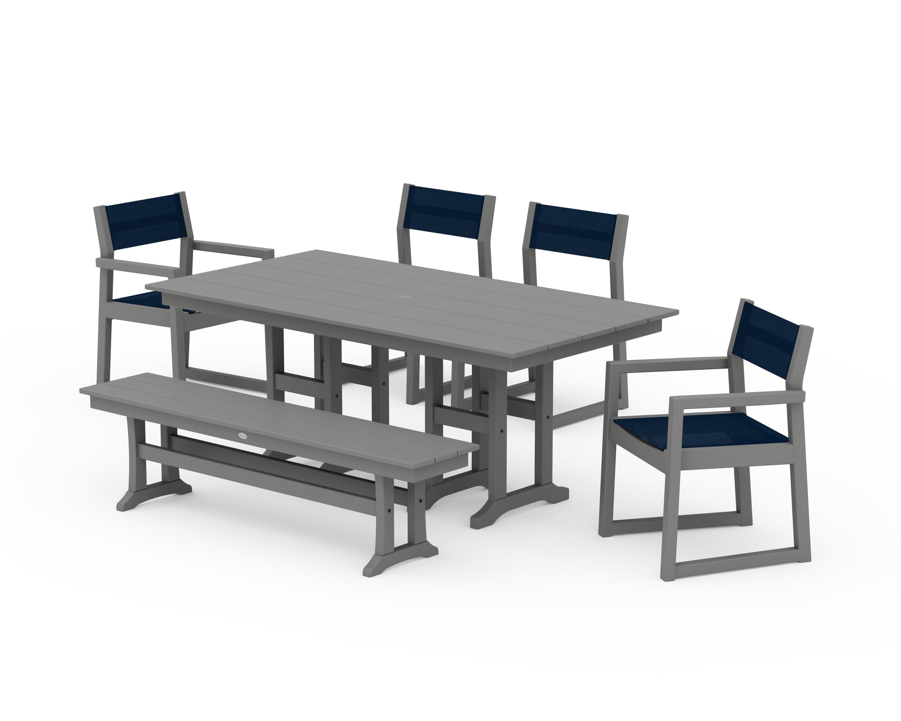 POLYWOOD® EDGE Sling 6-Piece Farmhouse Dining Set in Slate Grey / Navy Blue Sling