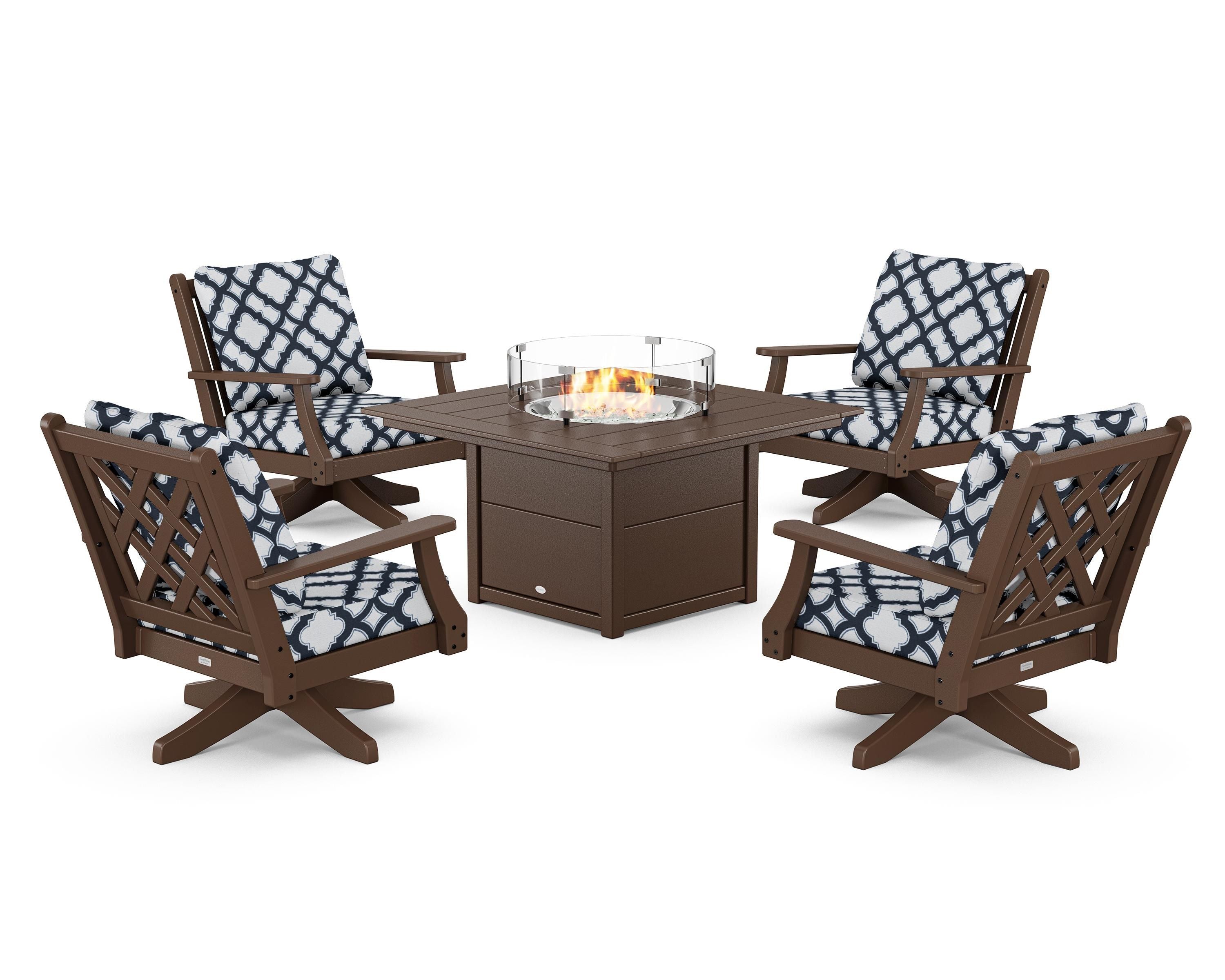 Country Living Wovendale 5-Piece Deep Seating Swivel Conversation Set with Fire Pit Table in Mahogany / Trellis Marine Indigo