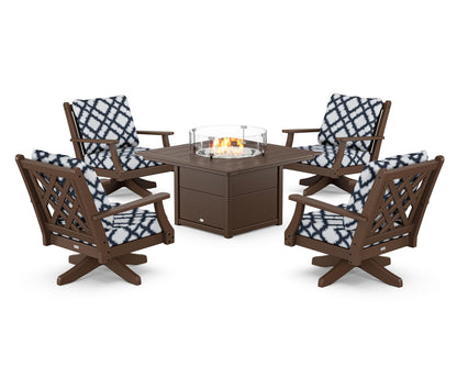 Country Living Wovendale 5-Piece Deep Seating Swivel Conversation Set with Fire Pit Table in Mahogany / Trellis Marine Indigo