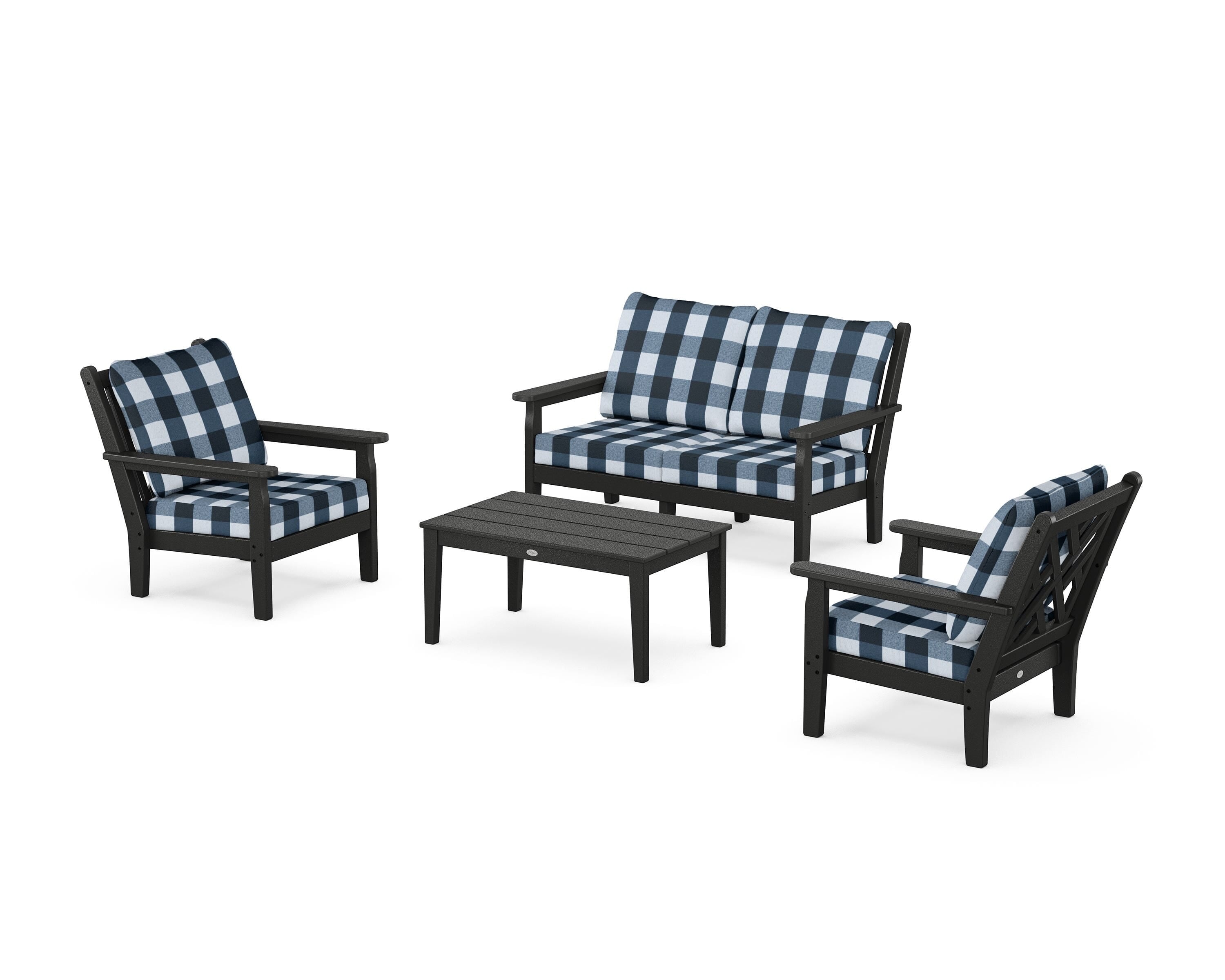 POLYWOOD® Chippendale 4-Piece Deep Seating Set with Loveseat in Black / Buffalo Plaid Marine Indigo